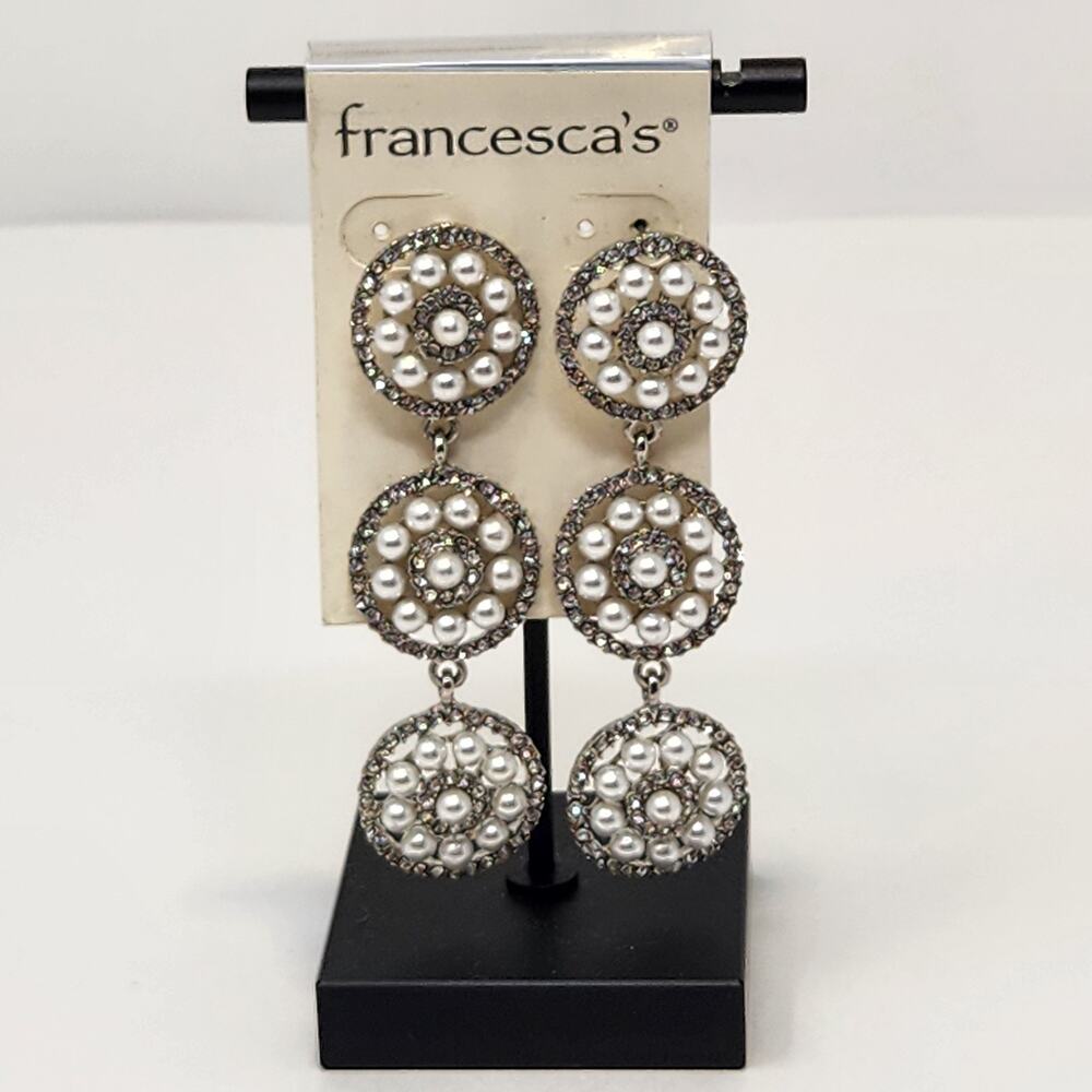 Francescas Faux Pearl Crystal Circle Dangle Post Earrings Silver Tone Statement